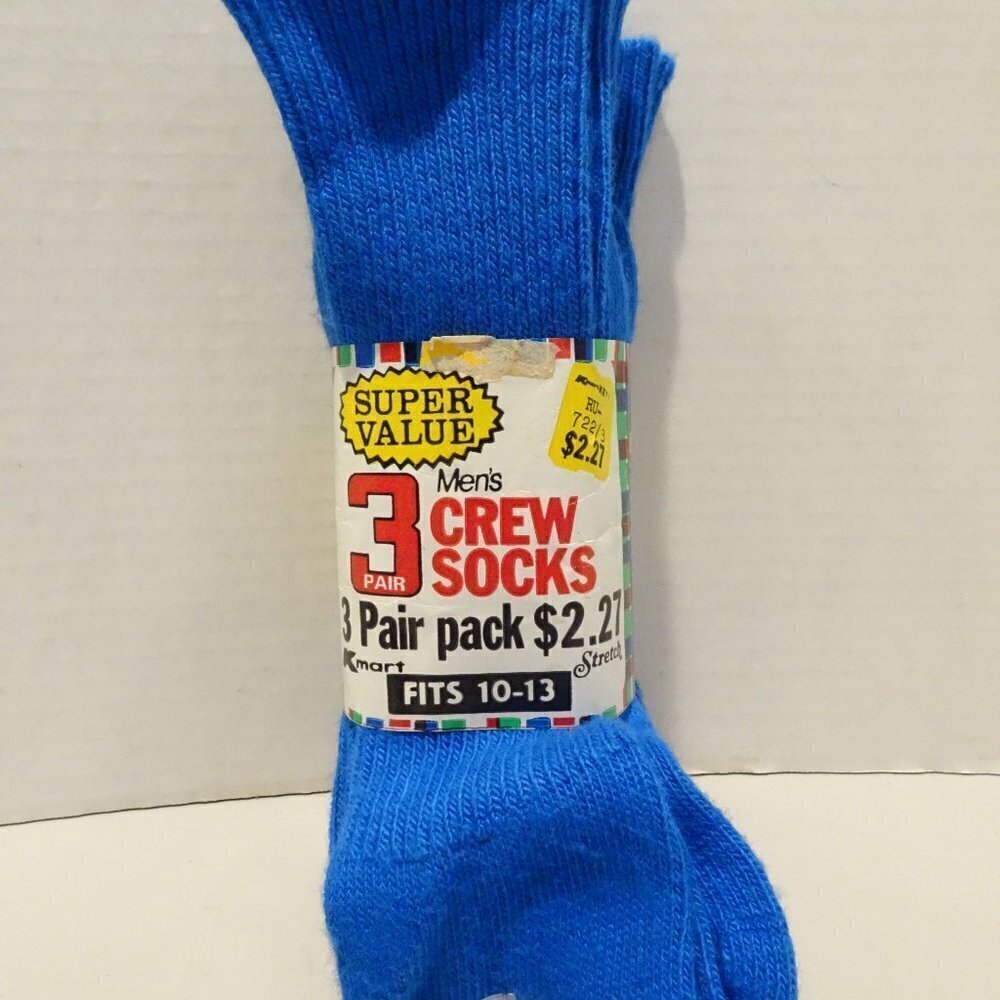 Vintage Kmart Socks Crew Soft Bright Blue Size 10-13 Stretch NOS 3 Pair
